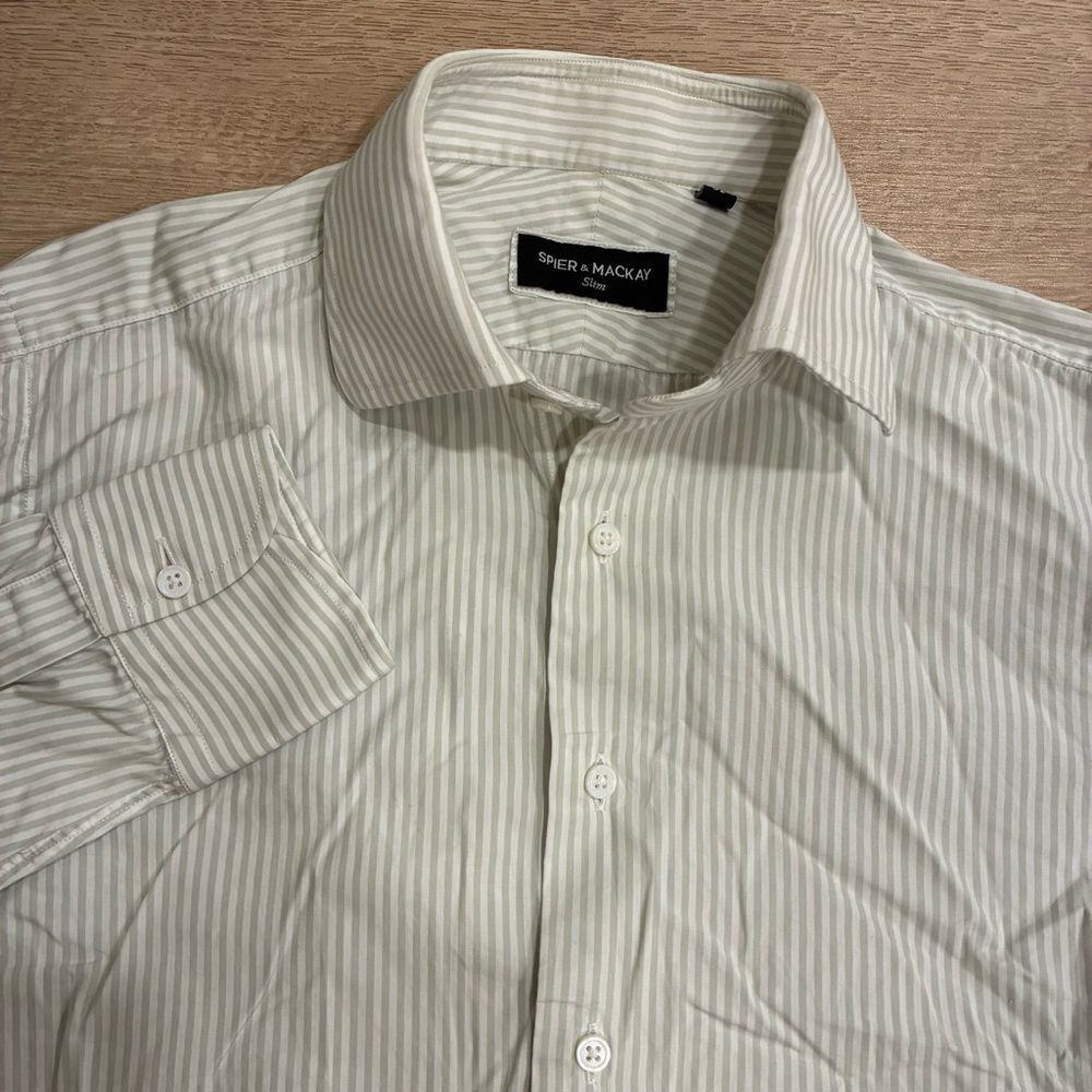 Spier & Mackay Men’s Green White Striped Premium Cotton Dress Shirt Size 14.5